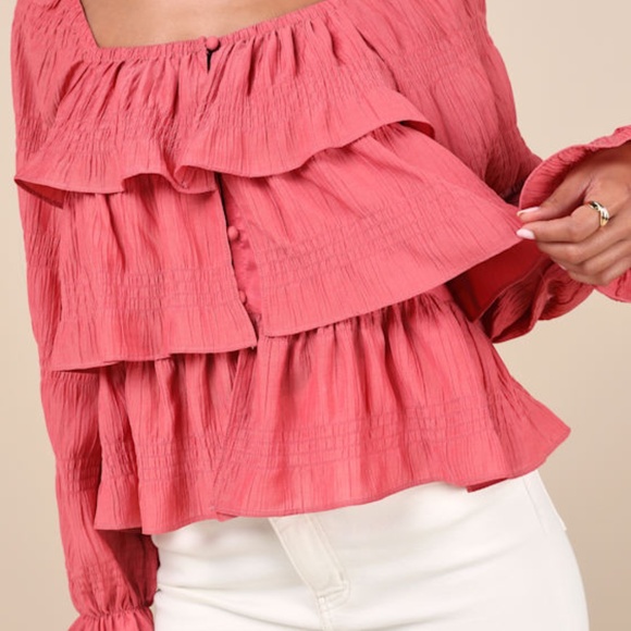 Lulus Tier Decadence Pink Tiered Ruffled Long Sleeve Button-up Top - Size S - Picture 1 of 1